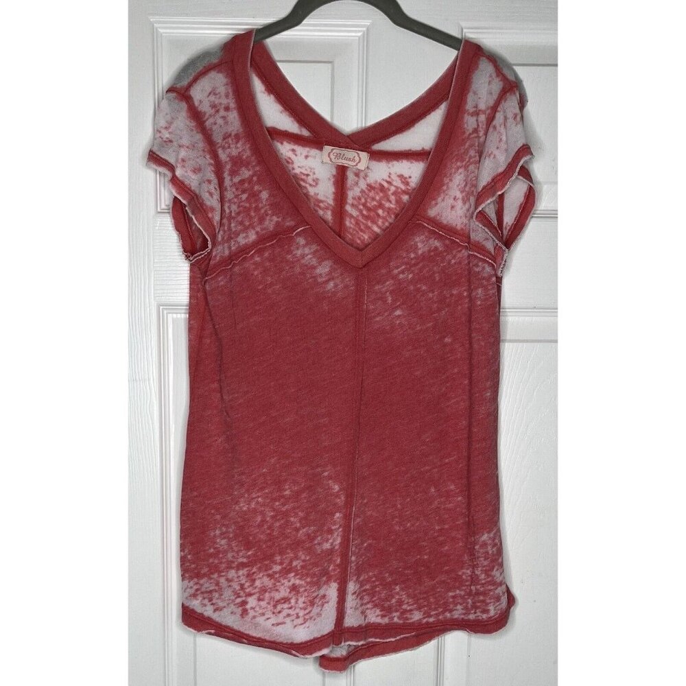 Blush Womens Small Distressed Short Sleeve V-Neck T Shirt